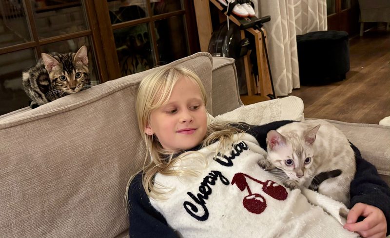 Unsere Tochter kuschelt auf dem Sofa mit Cindy, Cleo schaut über die Lehne